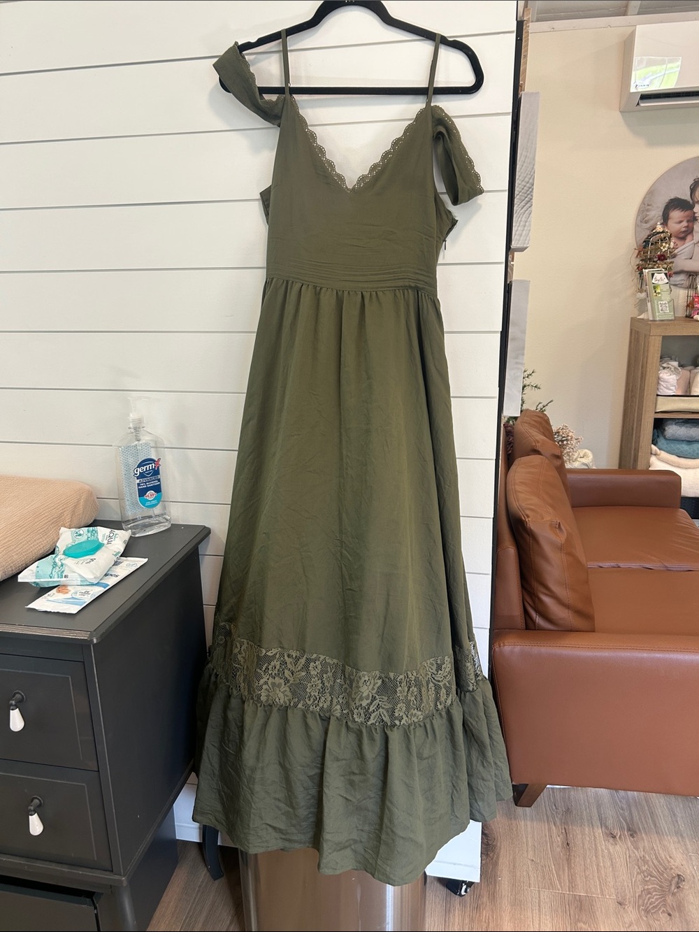 Joyfolie Olive Green Lace-Trim Maxi Dress with Spaghetti Straps